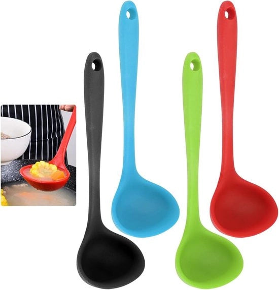 Set di cucchiai in silicone - resistente al calore - 21 cm - BPA libero - lavabile in lavastoviglie - con gancio di appoggio - per mescolare - servire - zuppe - rosso nero verde