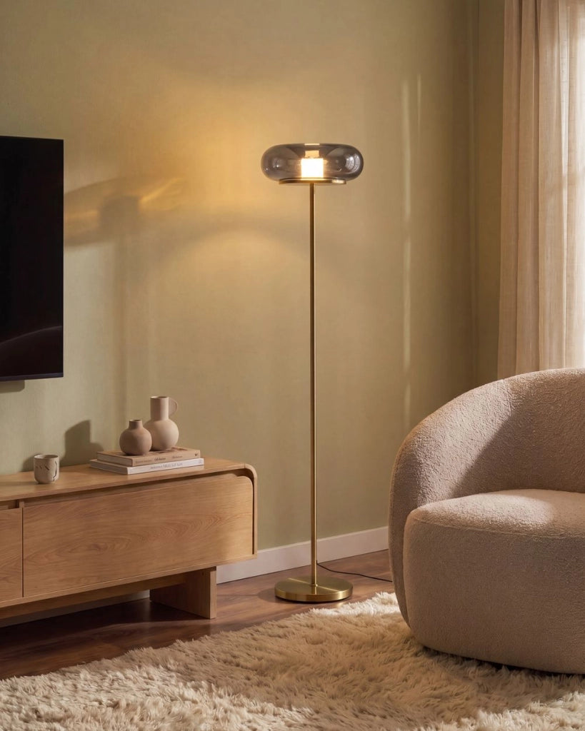 Lampada da terra a LED con paralume ovale in vetro grigio e base in metallo con dimmer, stile retrò