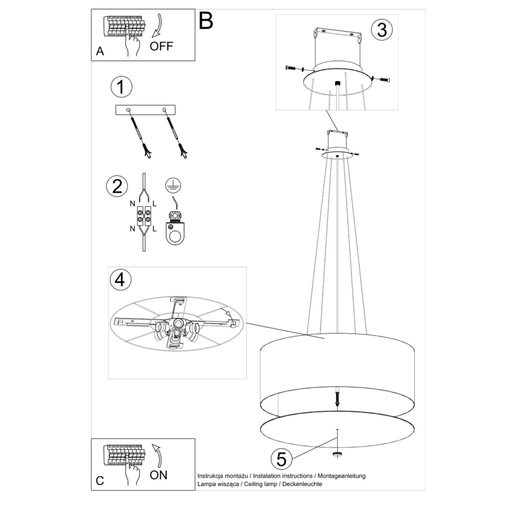 Lampada a sospensione in acciaio e vetro della serie 2BM Otto, tessuto nero, 6xE27, 70x120cm