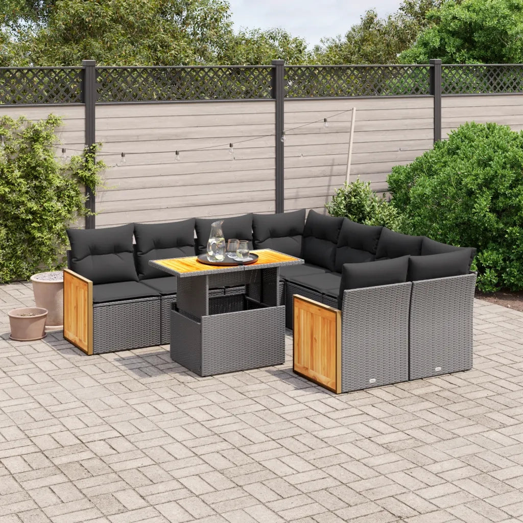 vidaXL Set Divani da Giardino 9 pz con Cuscini Nero in Polyrattan