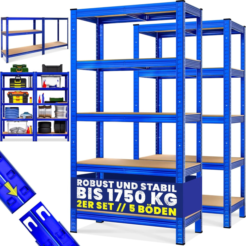 Scaffale in Metallo 2 pz 180x90x40cm 875kg Scaffalatura Officina Magazzino 5 Ripiani MDF Blu