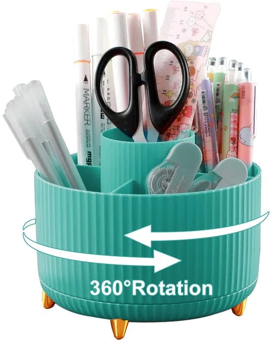 Organizzatore per ufficio, 360 gradi giratorio, contenitore per penne, 5 compartimenti per penne, matite, paperclip, appunti adesivi, organizzatore per ufficio spazievolutivo (blu)