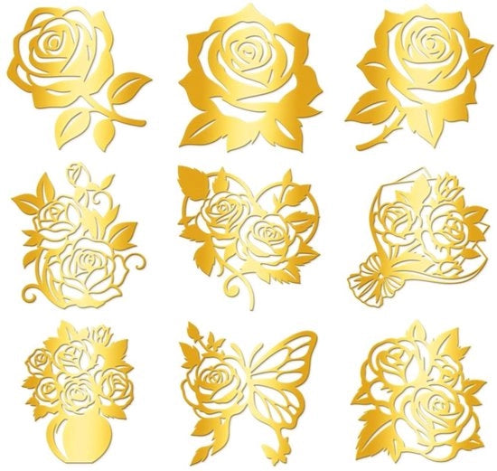 Sticker autoadesivi adesivi autoattaccanti 9 pezzi - Fiore di rosa dorato - Decorazione acqua resistente - Fai da te - 4 cm x 4 cm - Sticker decorativi