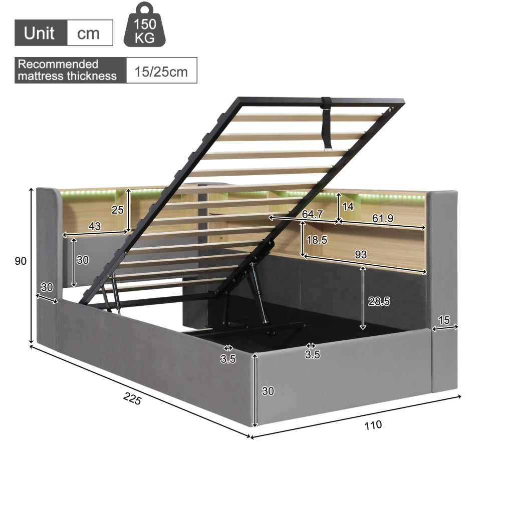 Letto imbottito grigio con contenitore idraulico, LED e USB-C