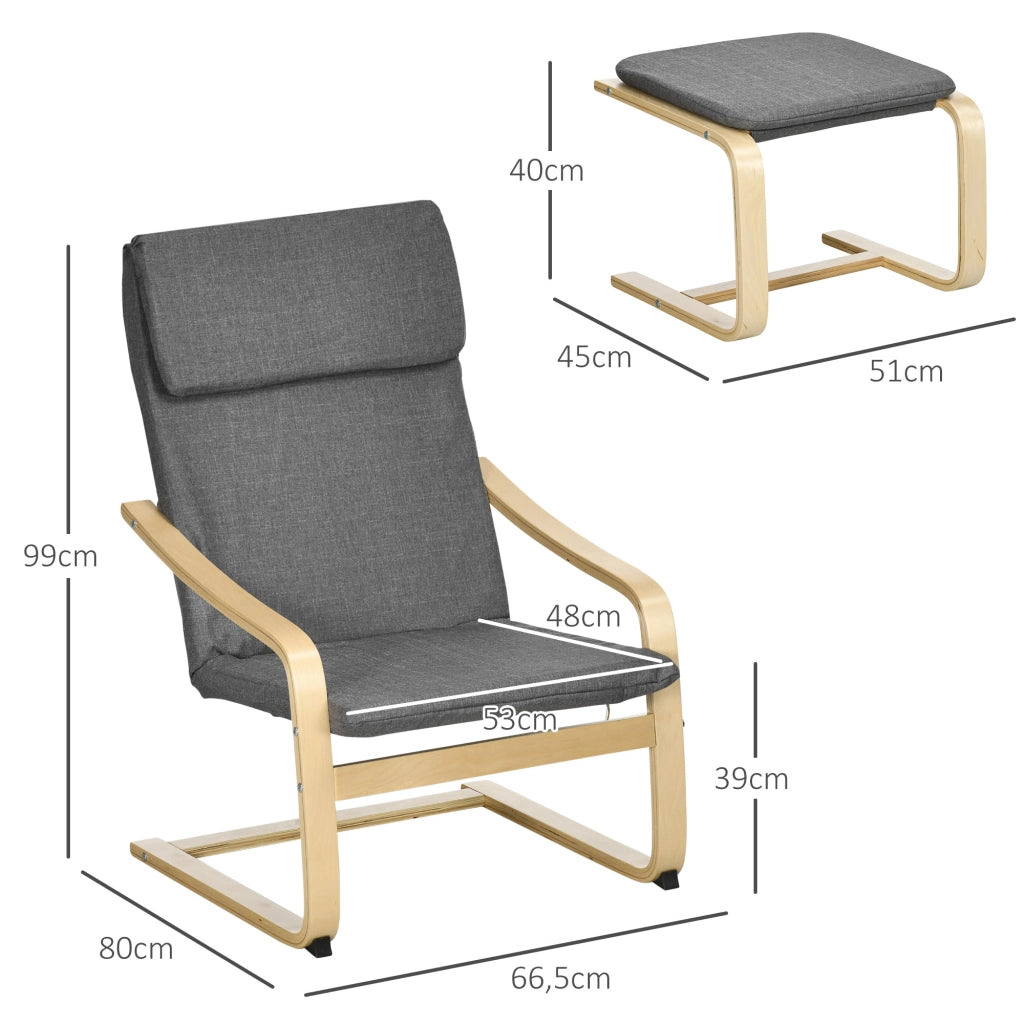 Poltrona relax con poggiapiedi, rivestimento effetto lino grigio, struttura in legno, per soggiorno e camera da letto