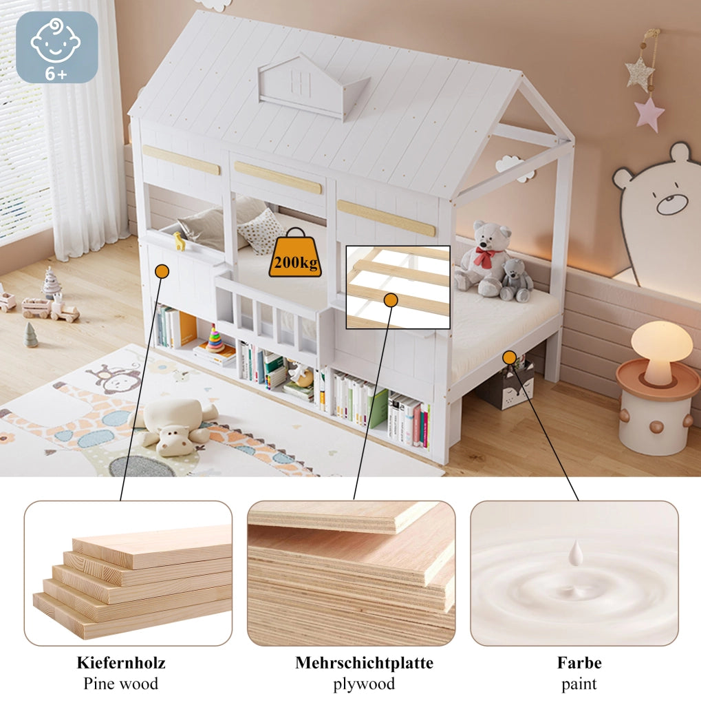 Letto a soppalco per bambini con design a casetta e libreria integrata