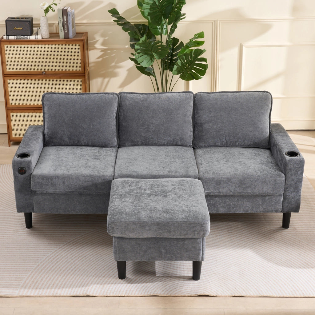 Divano 3 Posti in Lino Grigio a L con Pouf e Porte USB