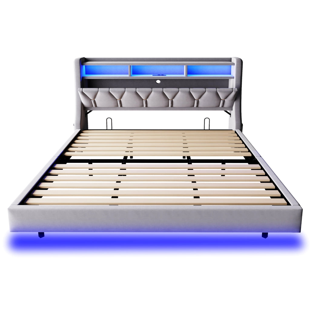 DESMIU Lit adulte 180 × 200 cm con vano, LED, USB e Type-C, senza materasso, in velluto, grigio chiaro