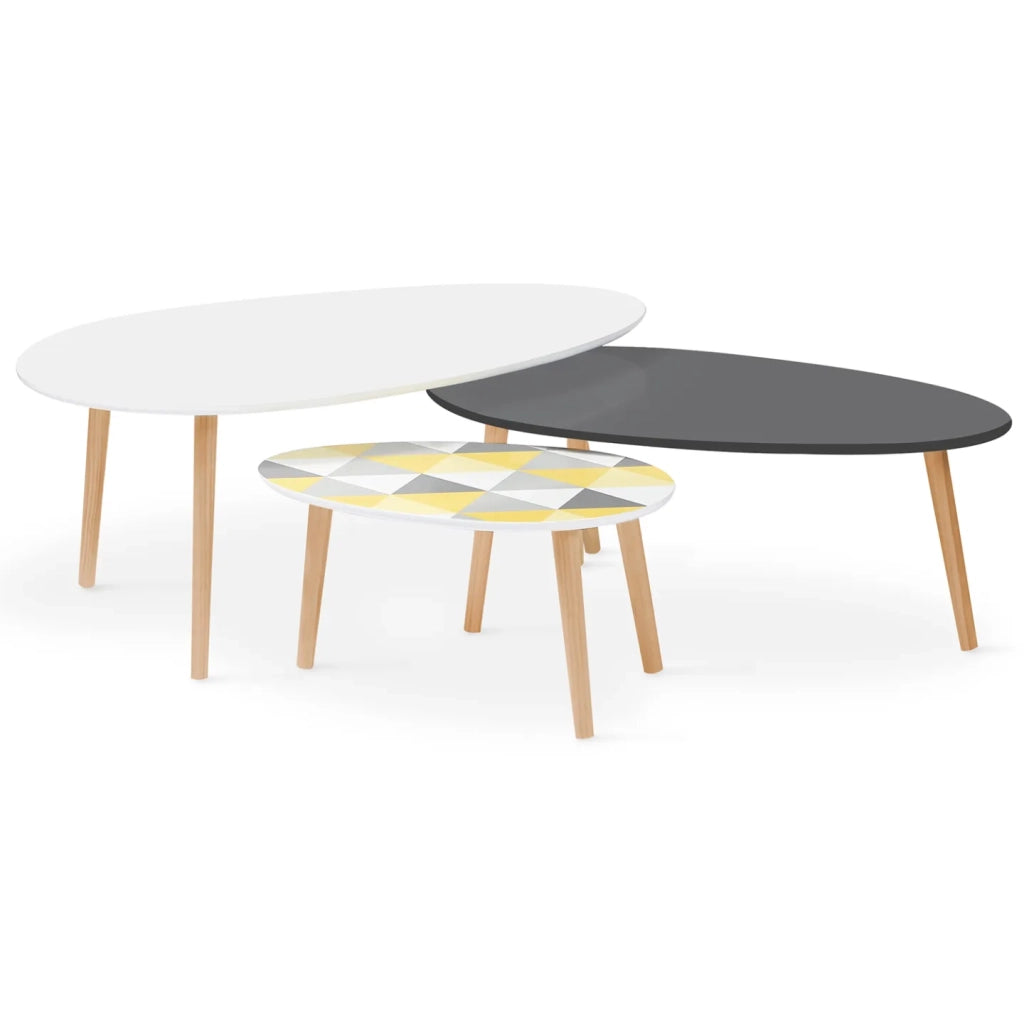 IDMarket - Set di 3 tavolini da salotto GIGI, laccati bianco/grigio/grafici