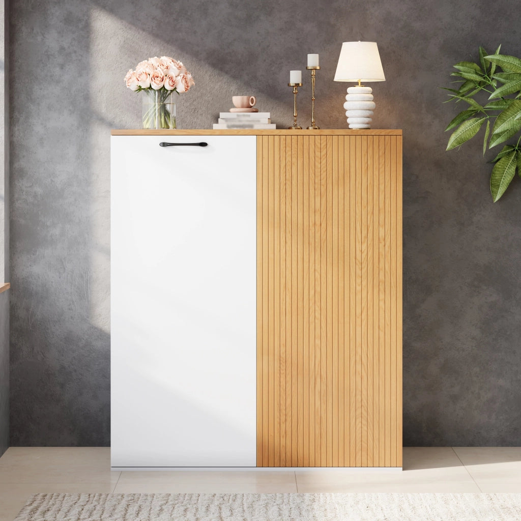 Highboard 80x40x110 cm in MDF bianco e rovere, mobile contenitore moderno per ufficio