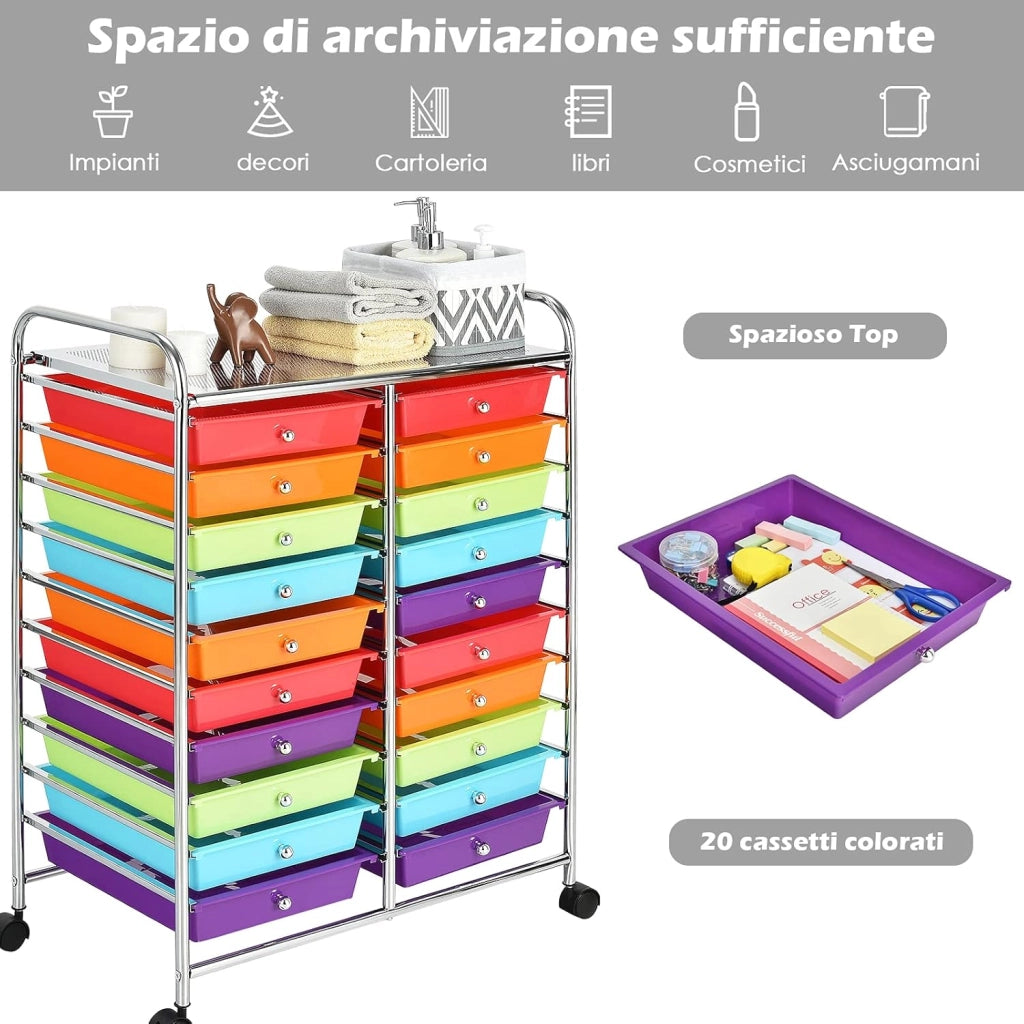 Carrello di Stoccaggio con 20 Cassetti, Carrello portaoggetti con 4 Ruote, Carrello Multiuso per Scuola Ufficio Cucina, 64 x 39 x 88 cm (Colorato)