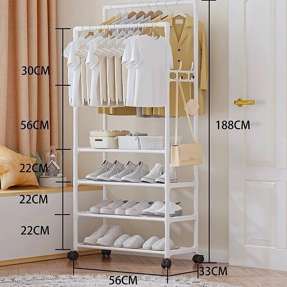 Trade Shop - Stand Appendiabiti Doppio Con Ruote Da Terra Per Abiti Scarpe Salvaspazio Bianco -