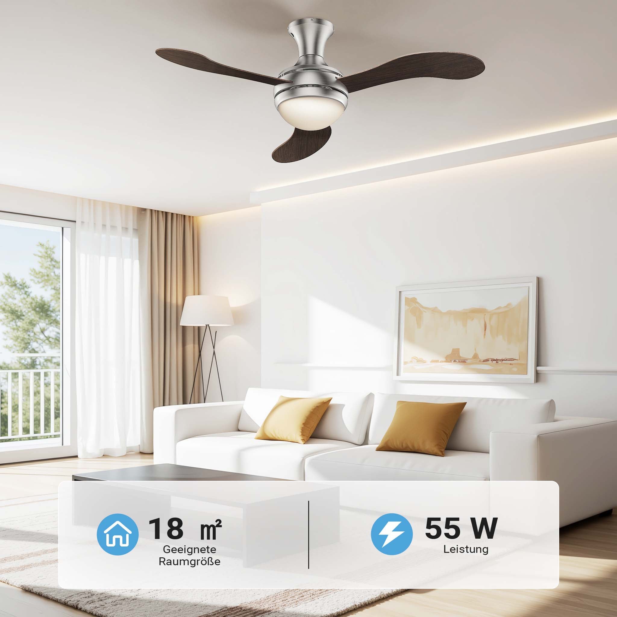 Ventilatore da soffitto Ø 130 cm con 3 pale, lampadario ventilatore con 3 velocità, telecomando, timer, modalità estiva e invernale, 55 W