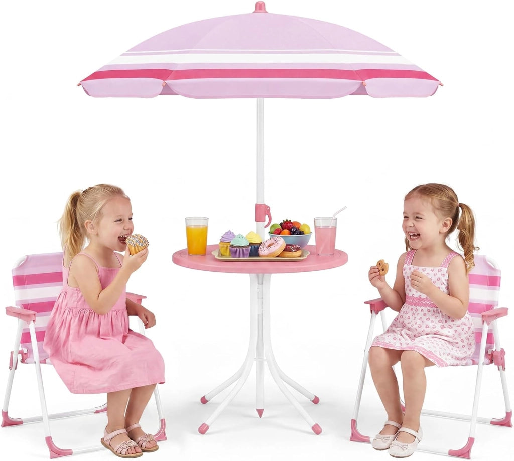 Set Tavolo e Sedie da Giardino per Bambini con Ombrellone (Rosso) | Set da Esterno per Bambini 4 Pezzi con Tavolino Rotondo, 2 Sedie Pieghevoli e Ombrellone Regolabile in Altezza per Campeggio