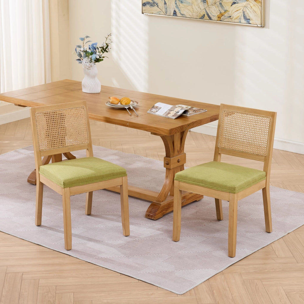 Set di 2 sedie da pranzo, schienale in vimini, stile rustico, struttura in legno, seduta imbottita, colore legno naturale e verde