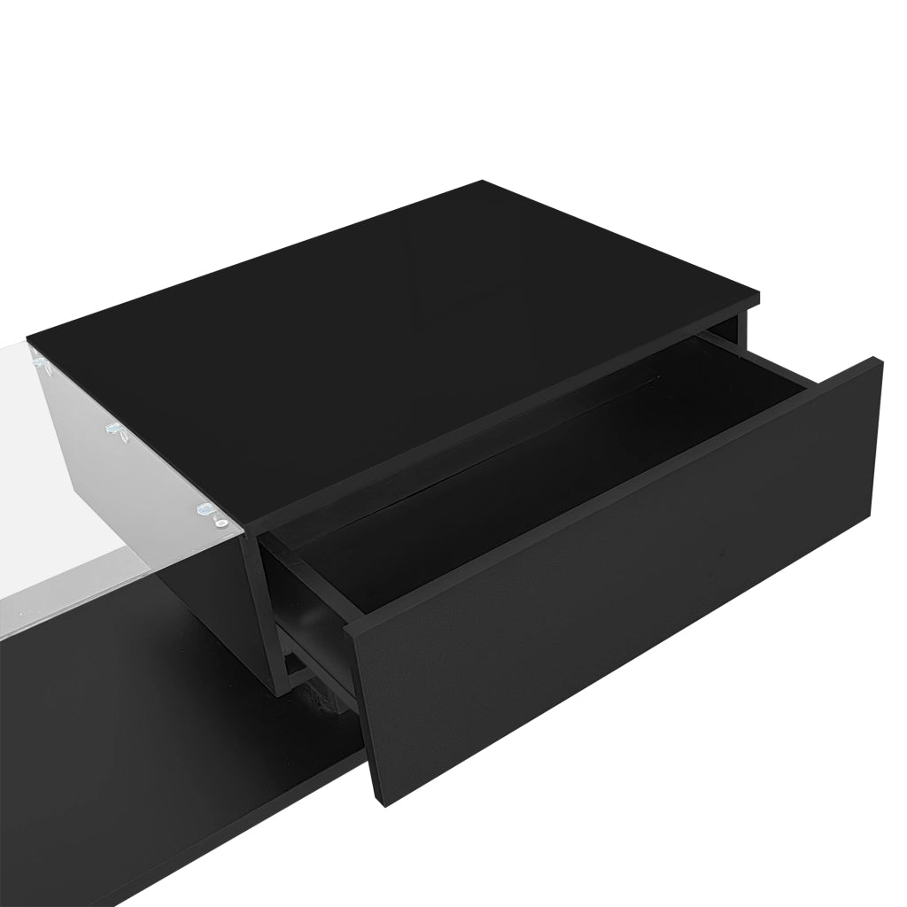 Tavolino da salotto 100x50x32 cm; piano lucido antigraffio con cassetto; truciolare e vetro; nero