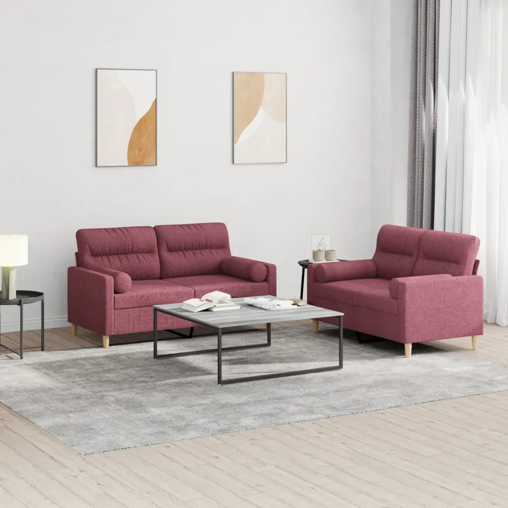 Set di Divani 2 pz con Cuscini Rosso Vino in Tessuto 3201590