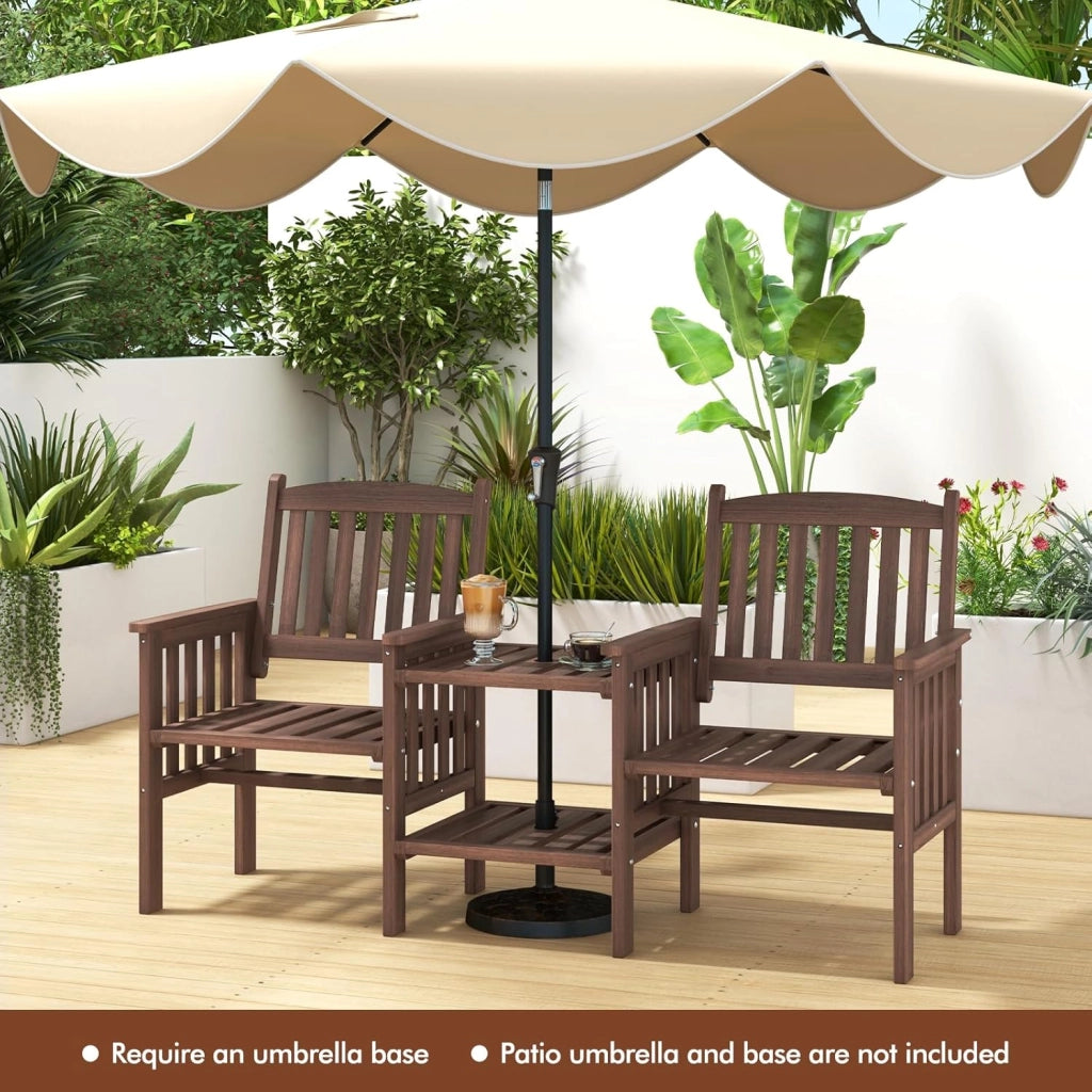 Set da giardino 3 pezzi, 2 persone, set da giardino con sedie a doghe, tavolino a 2 livelli, foro per ombrellone da 5 cm, per balcone, terrazza, giardino (marrone)