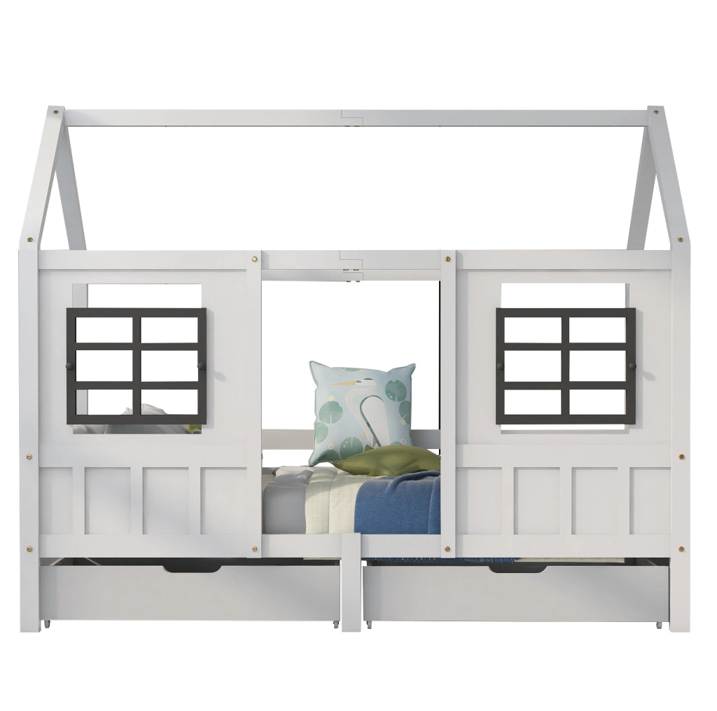 Letto singolo a casetta con 2 cassetti e finestre; 207x97x174 cm; pino e MDF; bianco