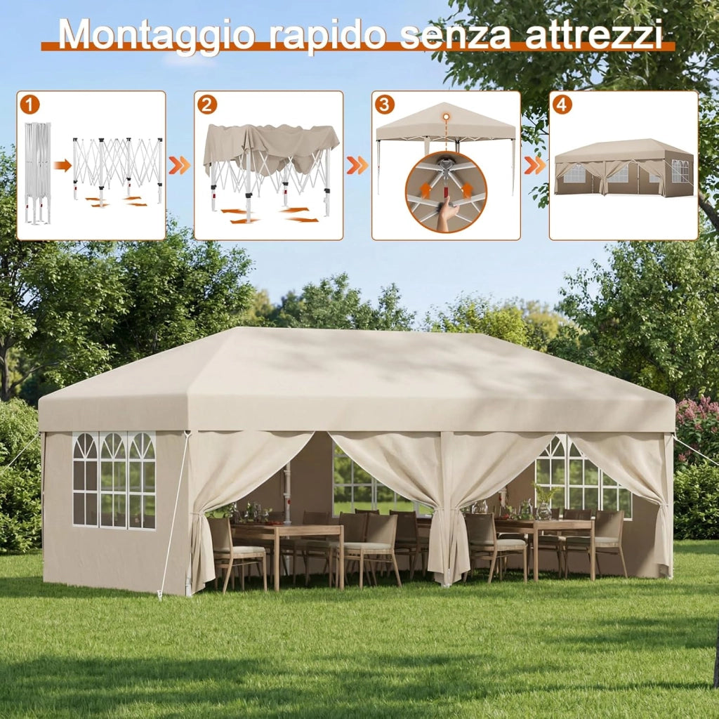 Gazebo 3x6 Pieghevole Impermeabile, Tenda Pop Up Pieghevole con 6 Pareti Rimovibili, Gazebo Pieghevole con 3 Altezze Regolabili Protezione UV 50+ per Giardino, Terrazza, Campeggio (Beige)