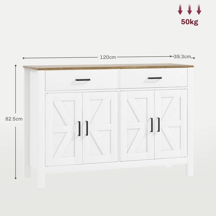 Credenza Stile Rustico con 2 Cassetti e 2 Armadietti 120x39,3x82,5 cm Bianco