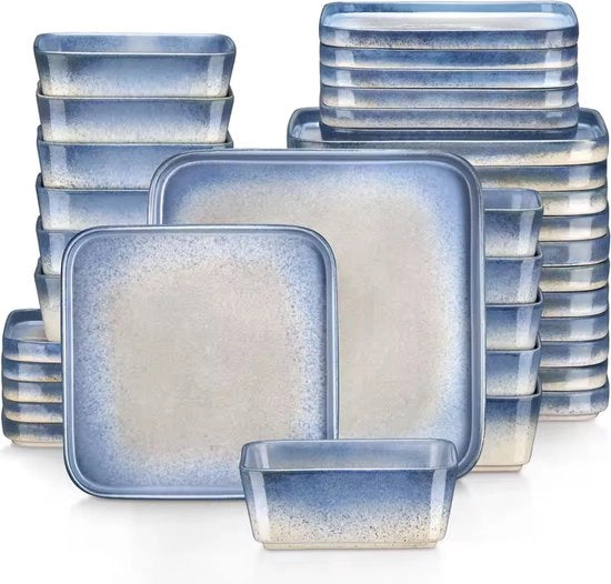 Set di servizio quadrato a nubi - 12 piatti grandi - 12 piatti piccoli - 12 ciotole - 36 delig - Bianco - Blu