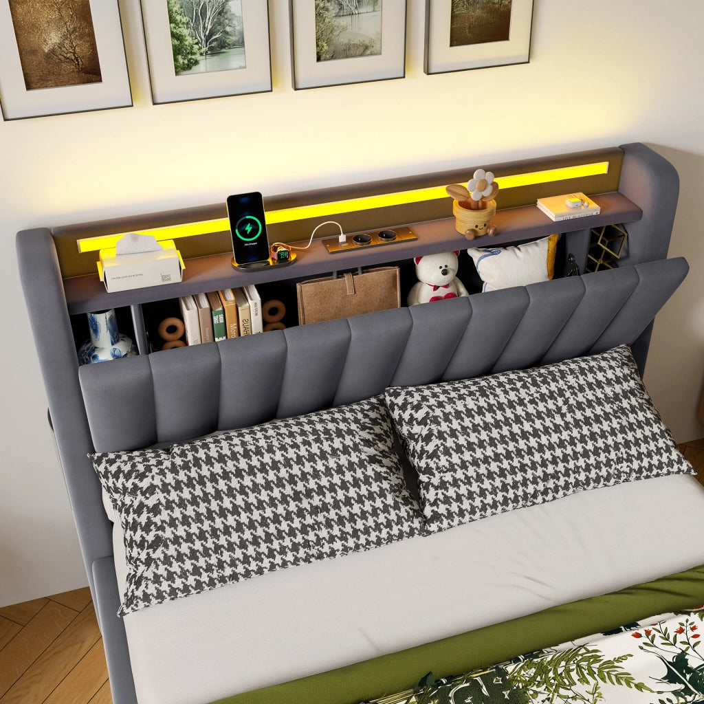 LETTO Imbottito 140 x 190 cm Grigio Scuro con Contenitore, USB e LED