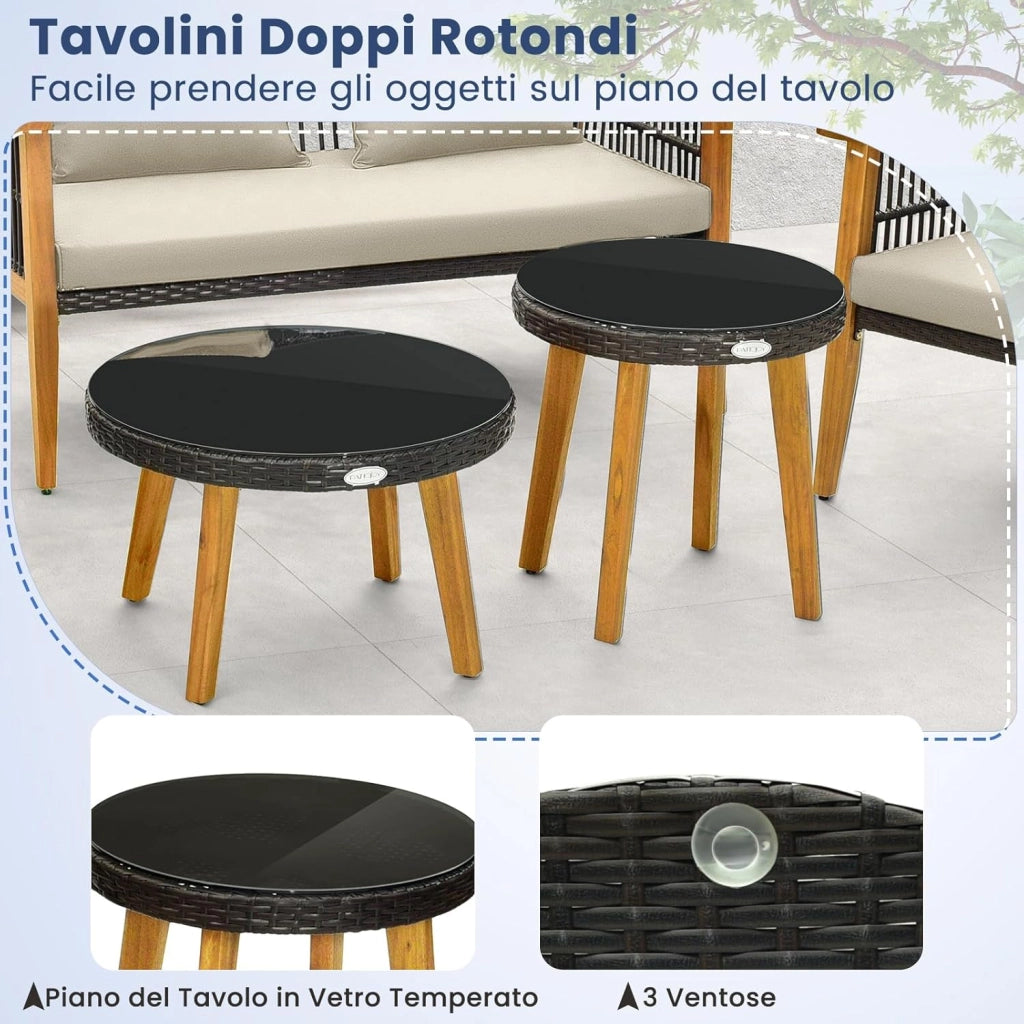 5 Pezzi Set da Conversazione da Giardino, Set di Sedie in Rattan con 2 Tavolini da Caffè, con Cuscini e Telaio Stabile in Legno di Acacia, per Giardino Cortile e Piscina