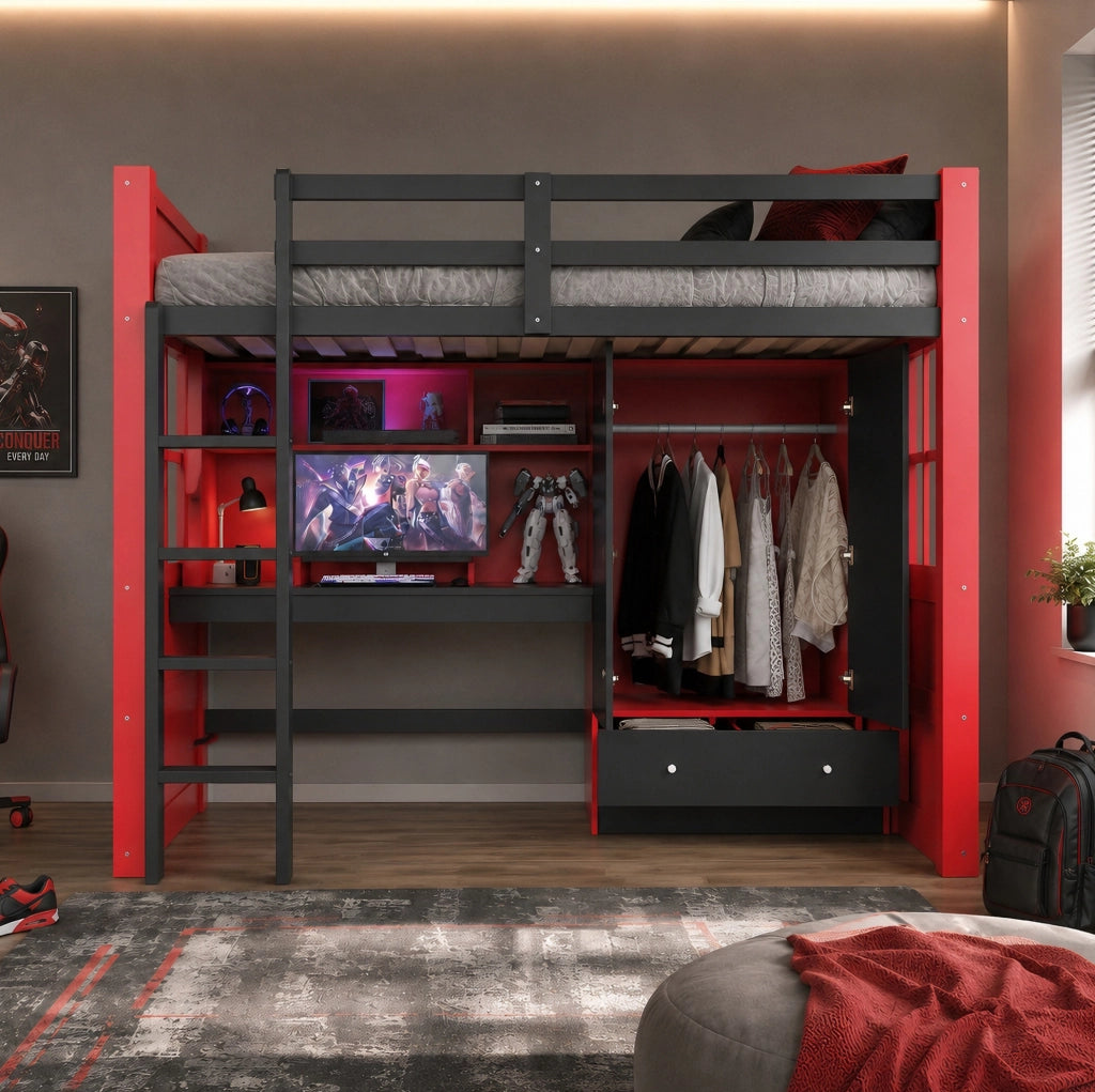 Letto a soppalco gaming 90x200 con scrivania e armadio