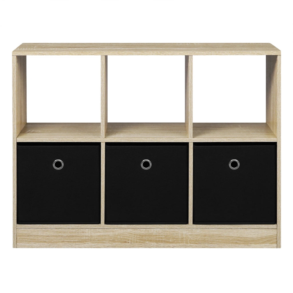 Libreria cubby autoportante con 3 cassetti in tessuto, 30x80x61 cm, nero e rovere chiaro