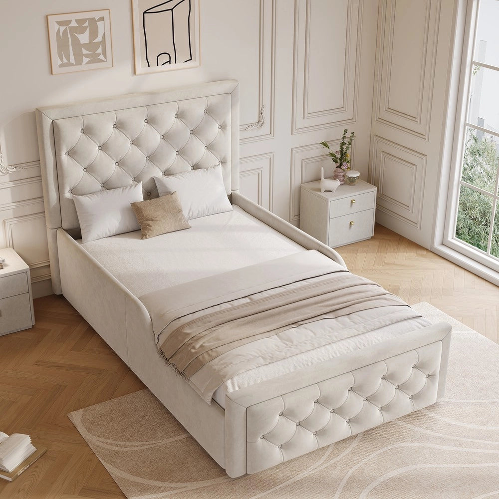 Letto Singolo Imbottito Contenitore ¨C Xylo ¨C Velluto Beige 90x200 con Rete a Doghe