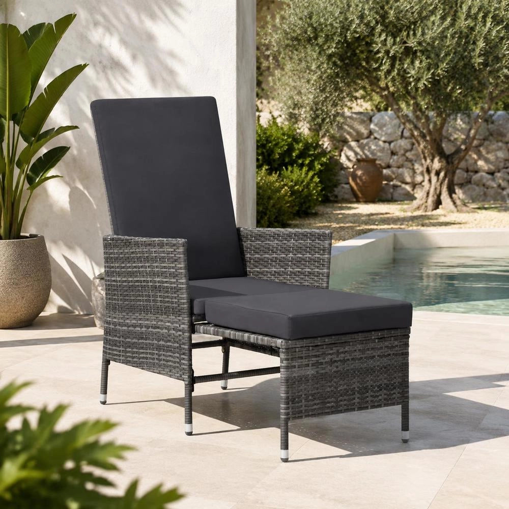 Garden Lounger With Cushions, Poly Rattan, Grey