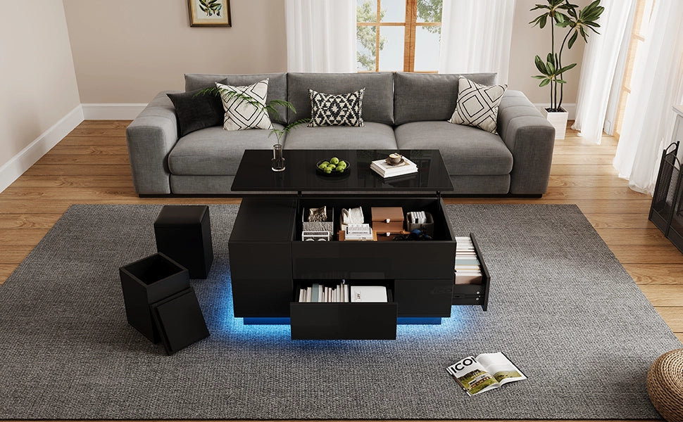 TAVOLINO DA SALOTTO Sollevabile 100 x 50 x 45 cm Nero Lucido con LED e 2 sgabelli