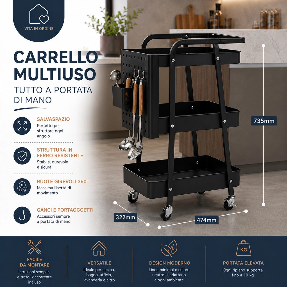 Carrello da Cucina Nero Acciaio 3 Ripiani Carrellino Salvaspazio 47.5x32x73.5cm