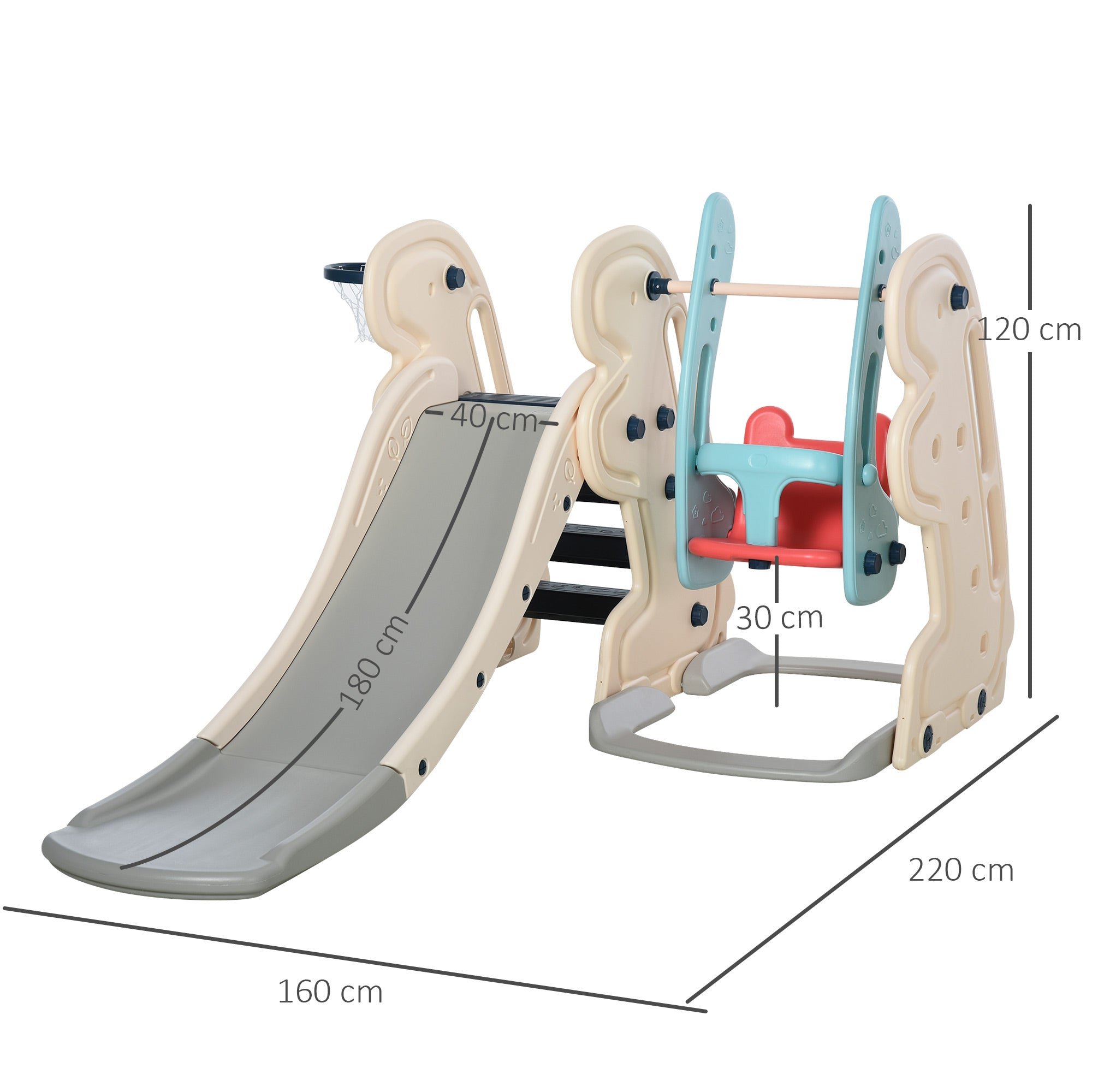 Easycomfort Scivolo 3 in 1 per Bambini con Altalena Regolabile, Canestro e Palle per Cameretta e Giardino, 160x220x120cm, Bianco, Azzurro e Grigio