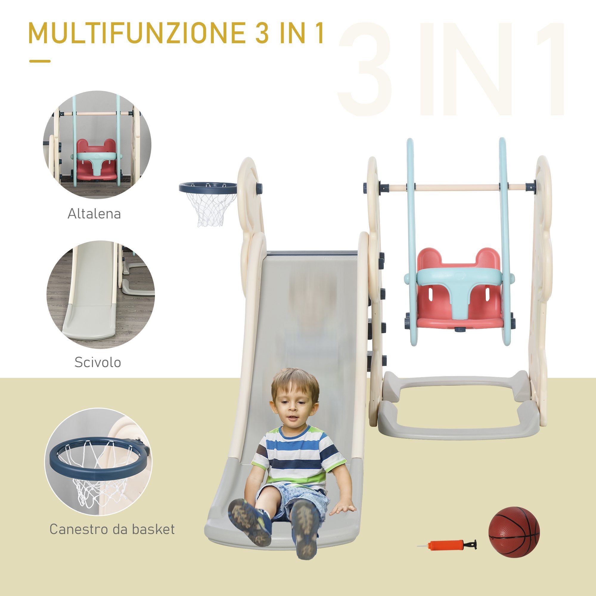 Easycomfort Scivolo 3 in 1 per Bambini con Altalena Regolabile, Canestro e Palle per Cameretta e Giardino, 160x220x120cm, Bianco, Azzurro e Grigio
