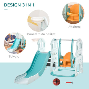 Easycomfort Scivolo 3 in 1 per Bambini con Altalena Regolabile, Canestro e Palle per Cameretta e Giardino, 149x186x98cm, Blu e Arancione