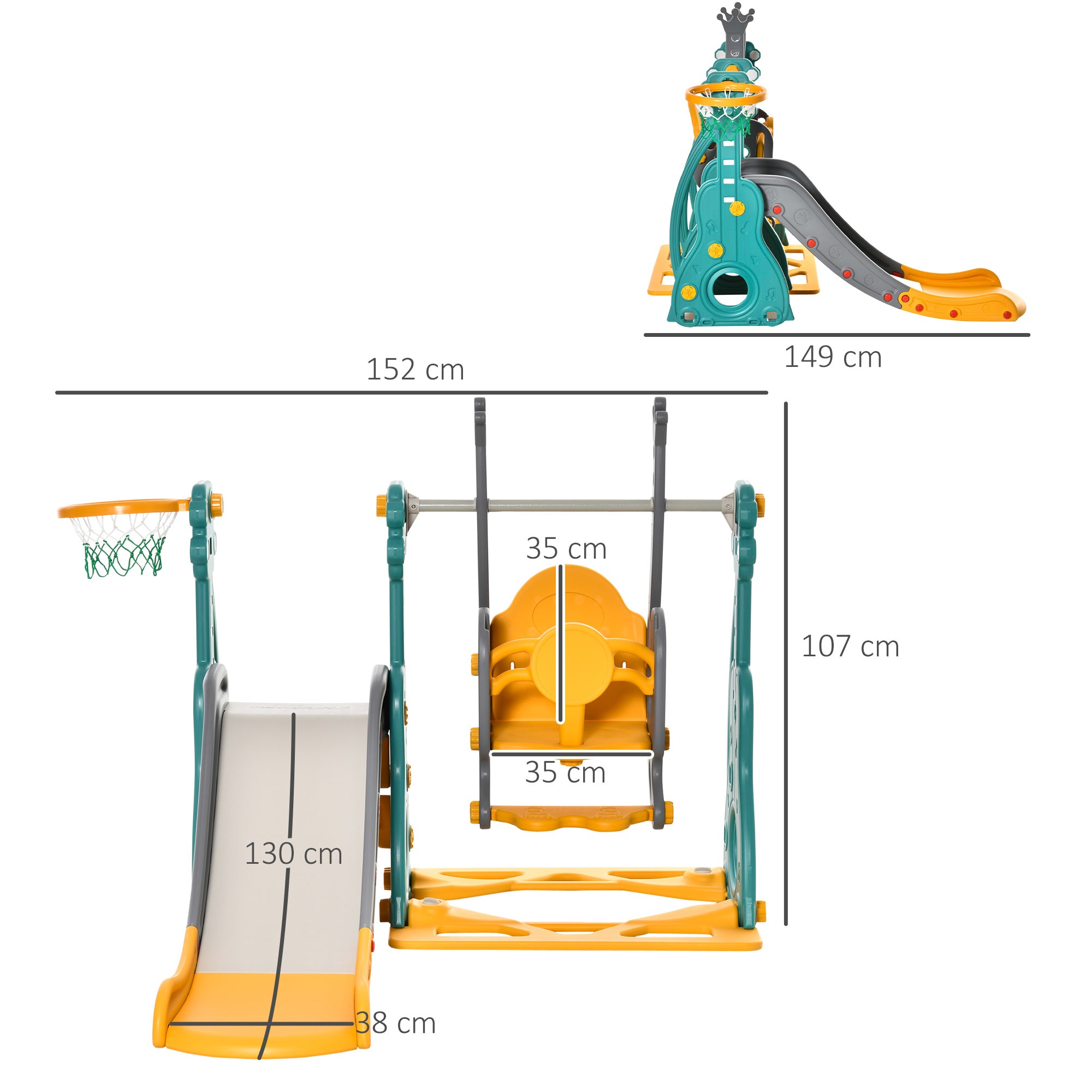 Easycomfort Scivolo 3 in 1 per Bambini 18 Mesi-3 Anni con Altalena Regolabile e Canestro in HDPE Multicolore 152x149x107cm