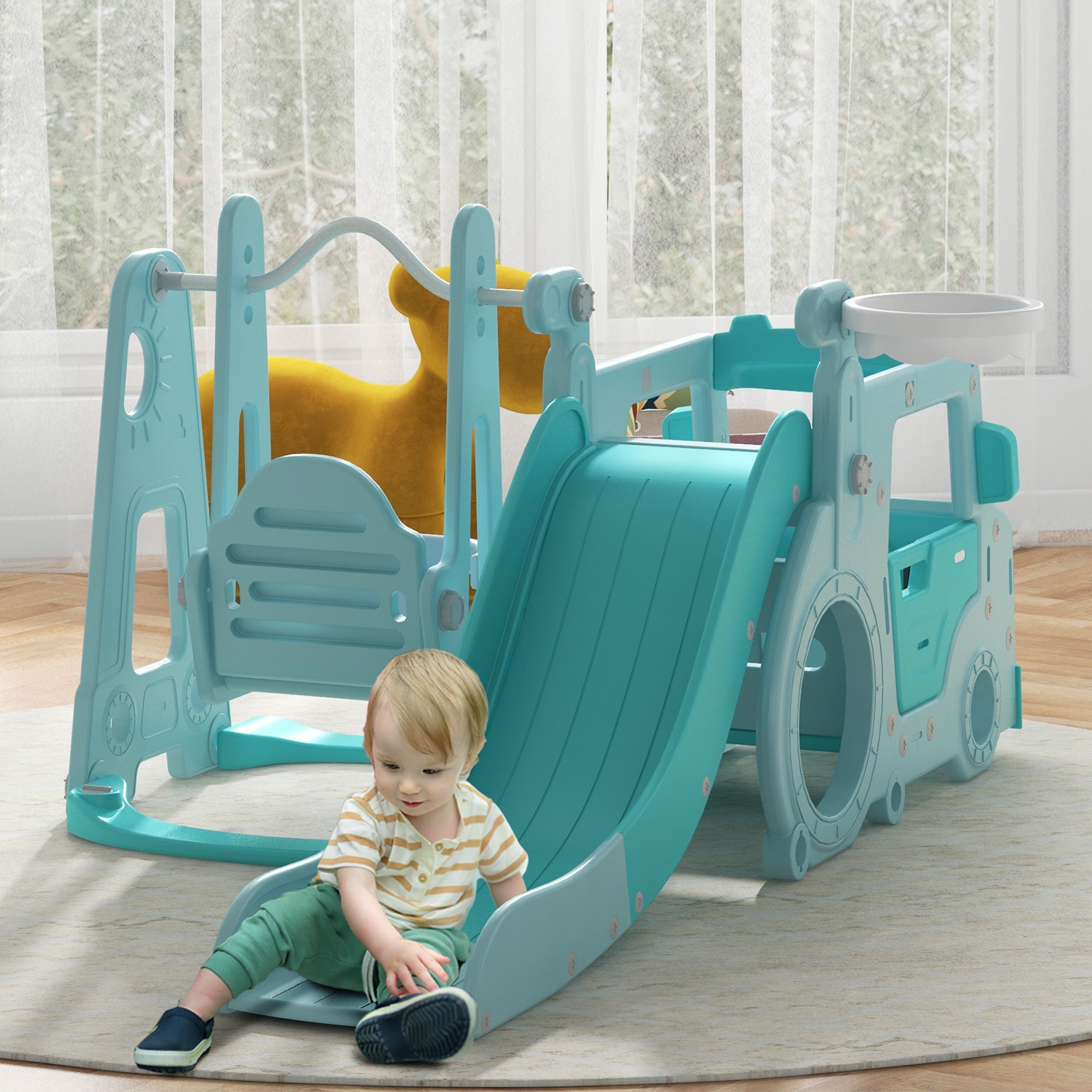 Easycomfort Set Scivolo per Bambini 18-48 Mesi con Altalena, Macchinina e Canestro, 201x151x87.5cm, Azzurro