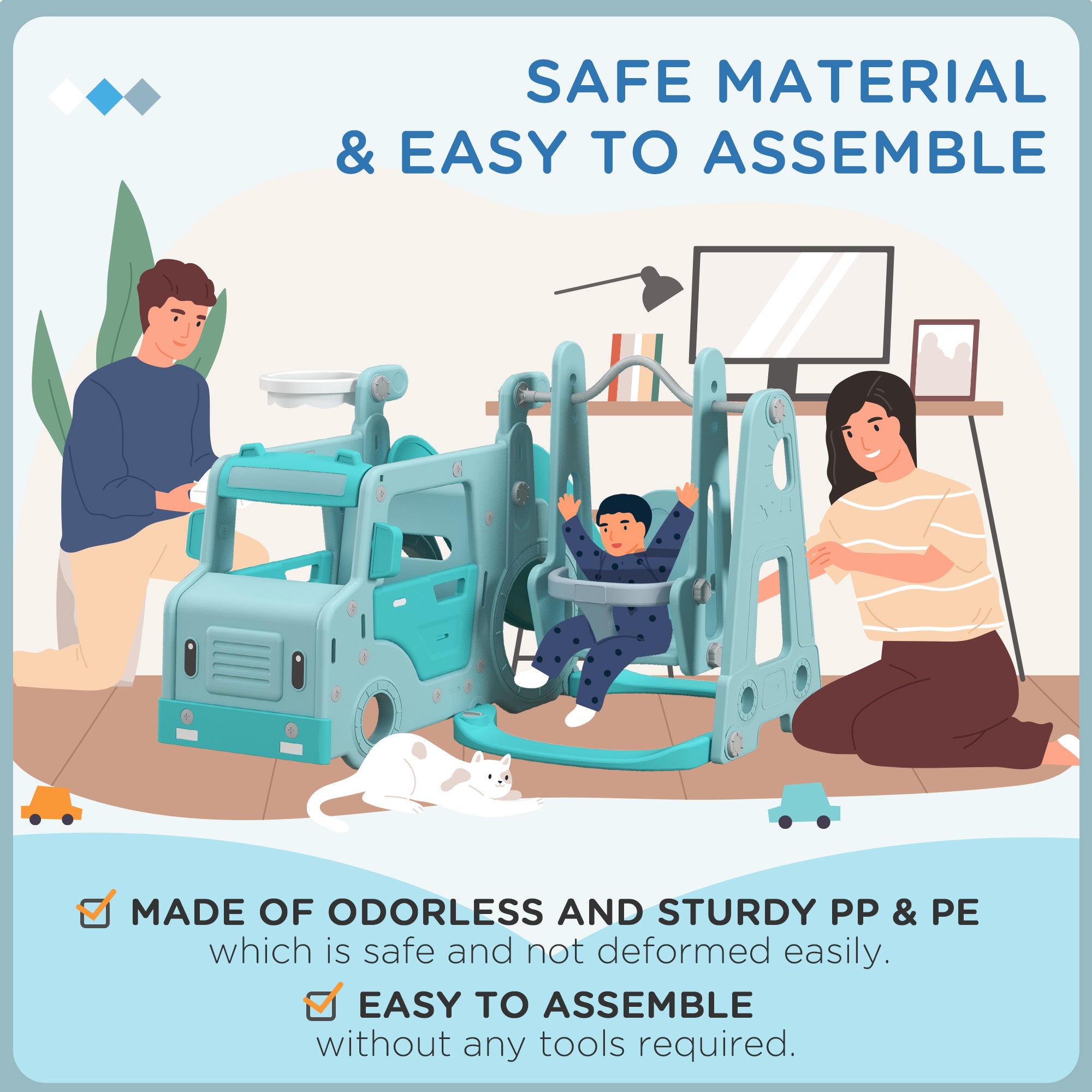 Easycomfort Set Scivolo per Bambini 18-48 Mesi con Altalena, Macchinina e Canestro, 201x151x87.5cm, Azzurro