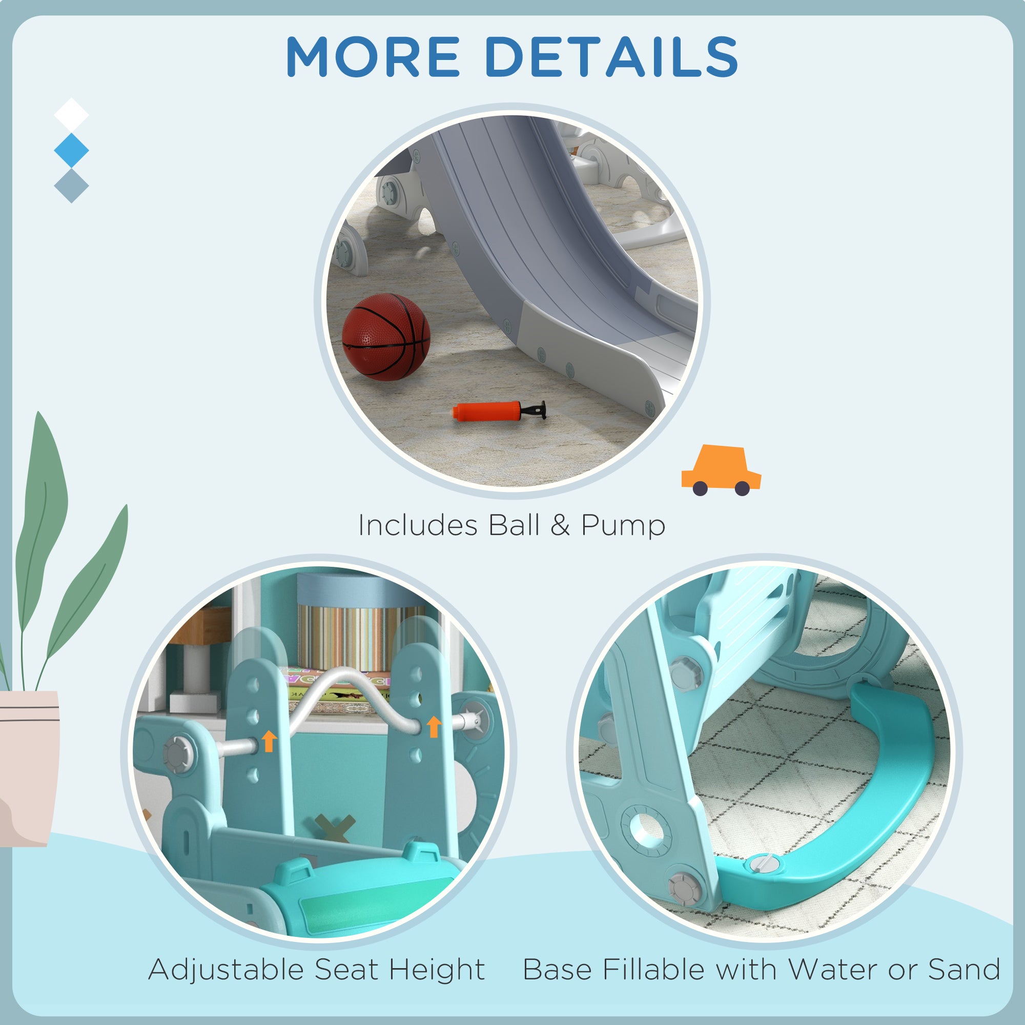 Easycomfort Set Scivolo per Bambini 18-48 Mesi con Altalena, Macchinina e Canestro, 201x151x87.5cm, Azzurro