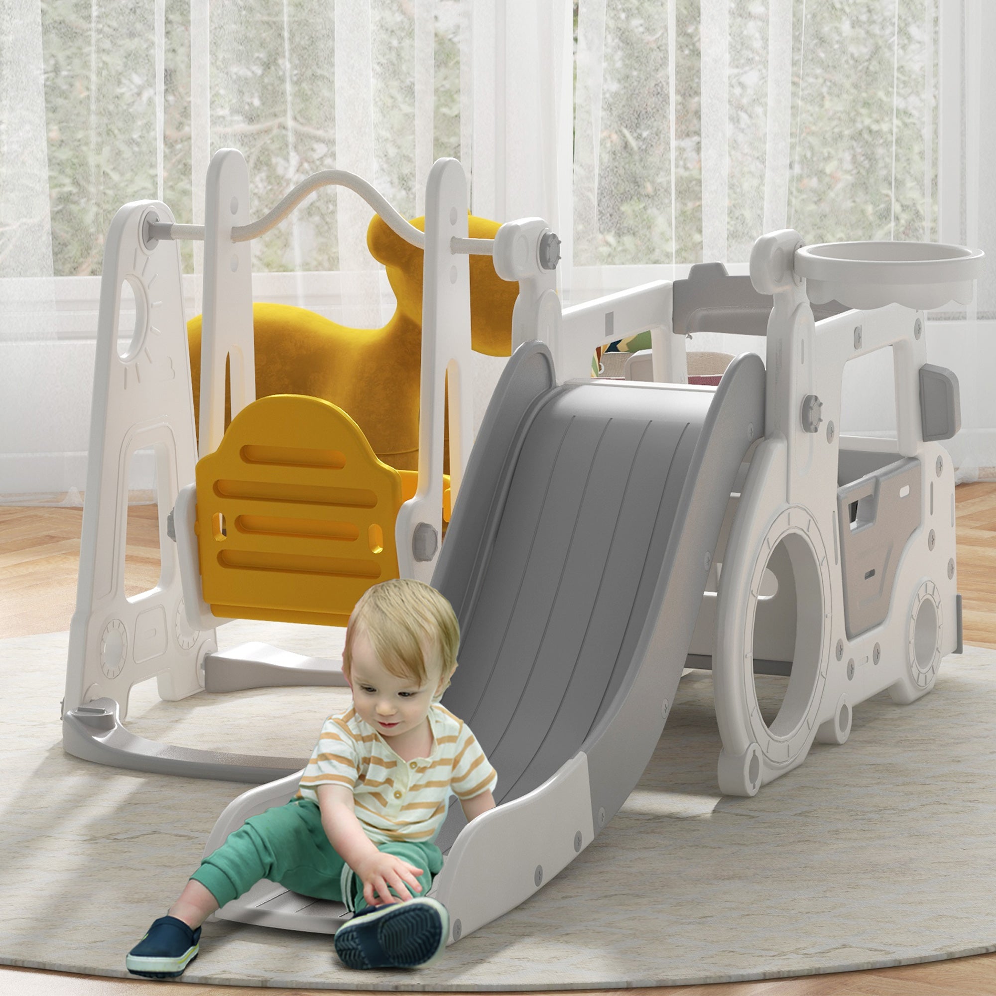 Easycomfort Set Scivolo per Bambini 18-48 Mesi con Altalena, Macchinina e Canestro, 201x151x87.5cm, Bianco