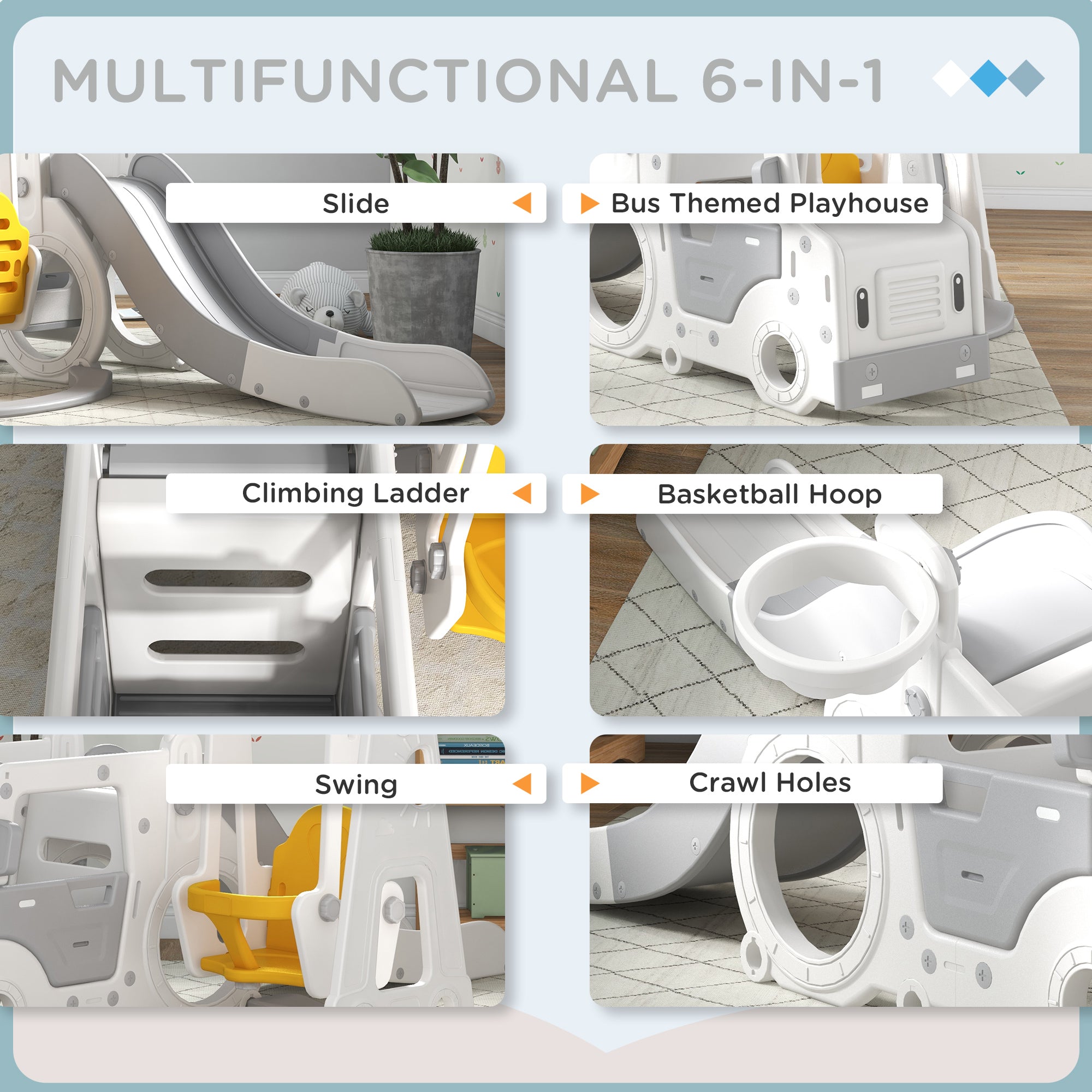 Easycomfort Set Scivolo per Bambini 18-48 Mesi con Altalena, Macchinina e Canestro, 201x151x87.5cm, Bianco