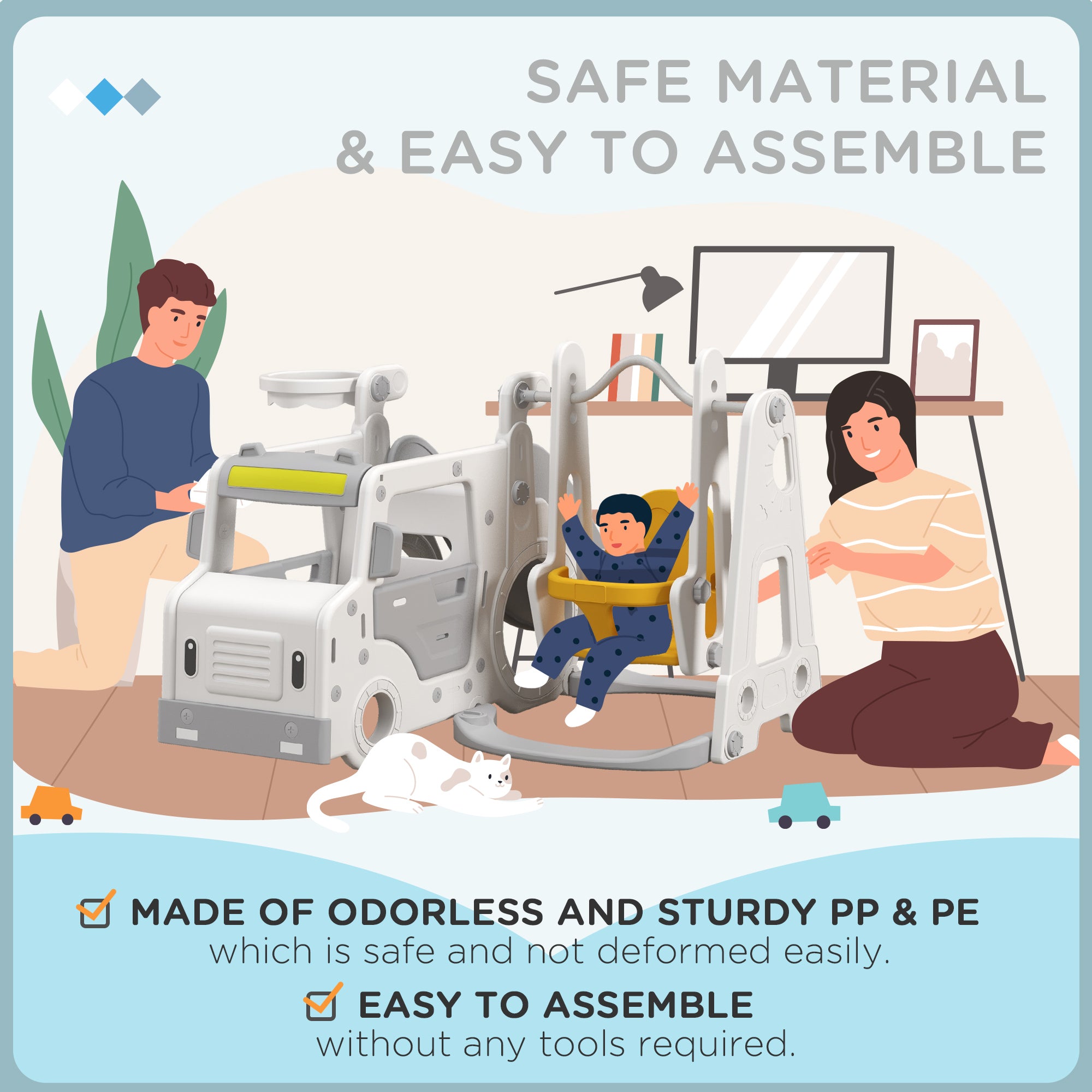 Easycomfort Set Scivolo per Bambini 18-48 Mesi con Altalena, Macchinina e Canestro, 201x151x87.5cm, Bianco