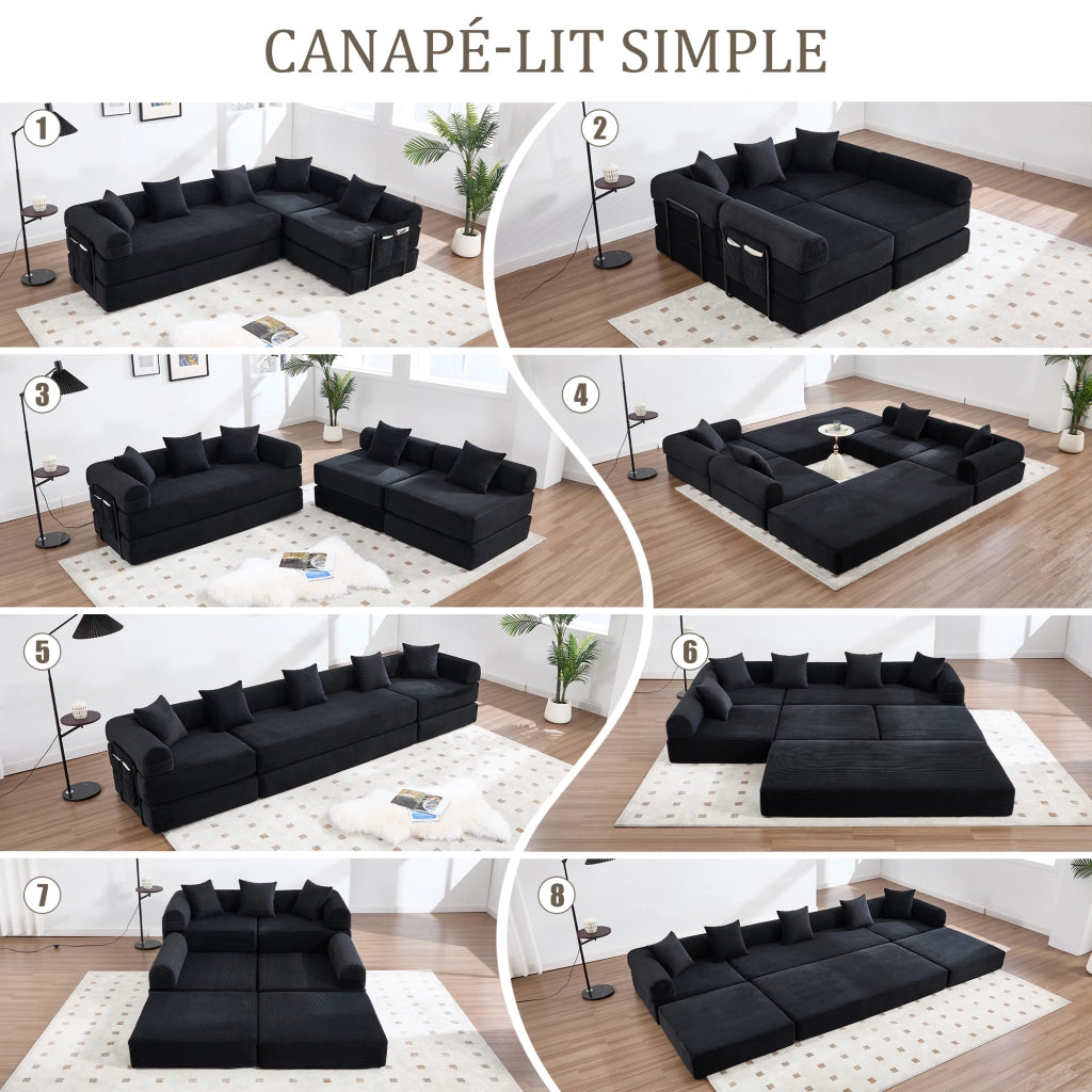 Divano modulare con tasca laterale e funzione letto in velluto a coste nero per soggiorno studio e camera ospiti