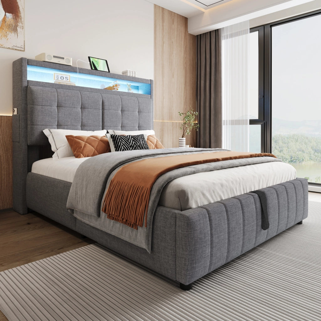 Letto imbottito 140x200 cm grigio tessuto effetto lino - contenitore e LED