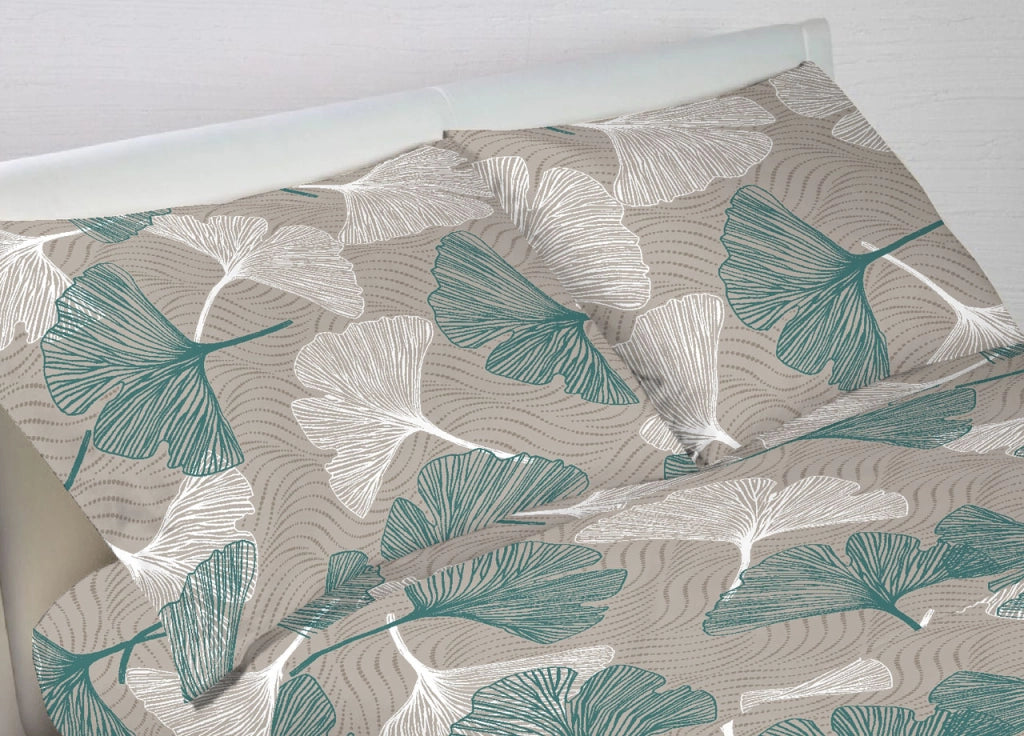Completo Lenzuola Letto Morbida Flanella 100% Cotone Dis. Ginko - Maxi - Verde