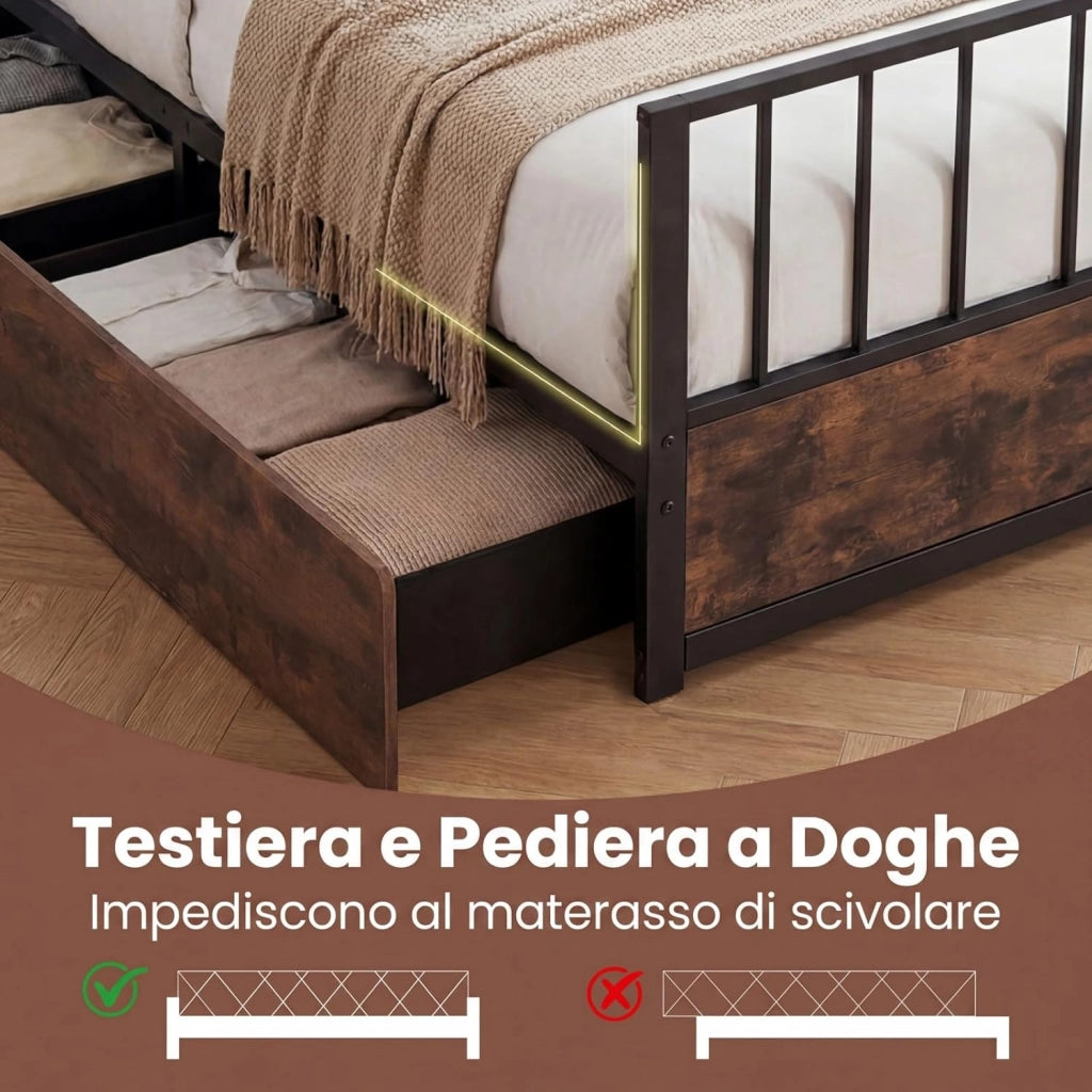 Letto Singolo 90x200 cm, Struttura Letto a Piattaforma Industriale con Testiera Pediera e 2 Cassetti, Doghe in Metallo, Silenzioso