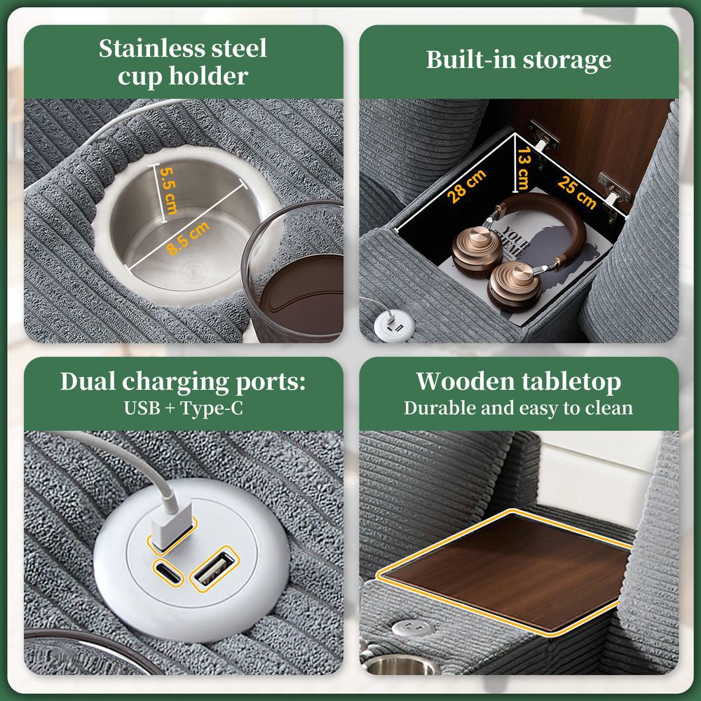 Divano angolare a L - Xylo - Velluto, console con USB, ripostiglio, grigio