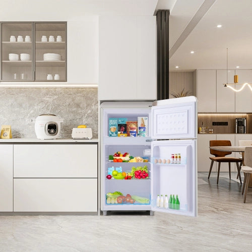 Frigorifero retrò; frigorifero a doppia porta; volume totale 72L; congelatore 21L; luce LED; efficiente energetico; bianco